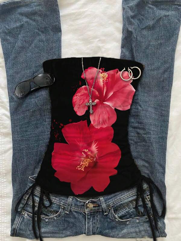 Attitoon Vintage Red Floral Print Plus Size Women Top, Suitable For Summer