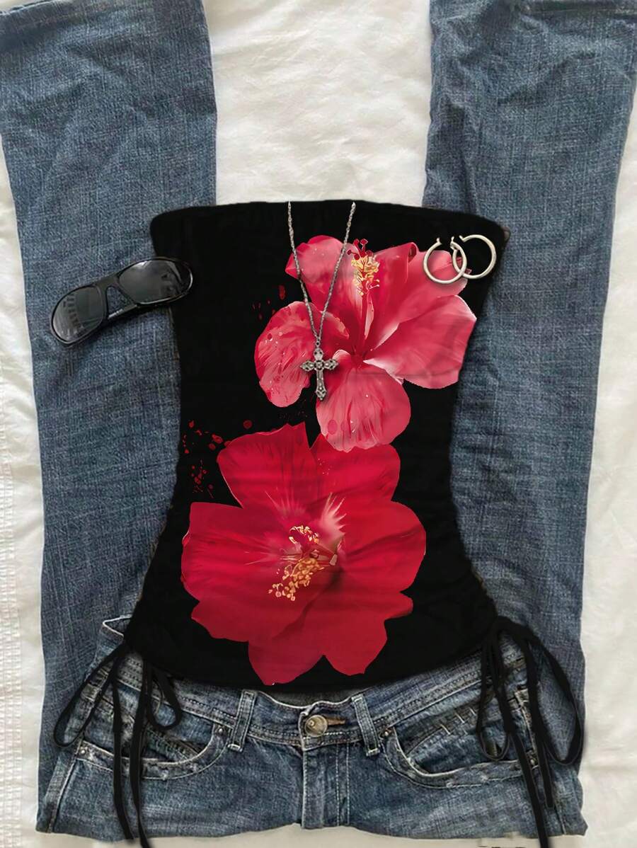 Attitoon Women's Casual Vacation Tight Ruched Tie Front Bandeau Top, Suitable For Summer, Vintage-Style, Red Floral Print Goth Suitable For Going Out - Multicolor - View 1