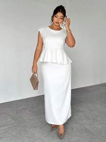 Firerie Plus Size New Elegant Minimalist Women Daily Commute Outfit, Round Neck Dolman Sleeve Ruffle Trim Blouse And Straight Skirt, White 2 Pieces Set