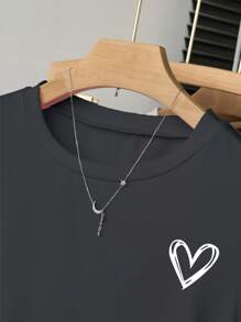 INAWLY 女式心形印花圆领短袖褶皱休闲 T 恤，夏季 - 灰色 - 查看 6