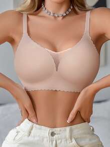 1pc Seamless Mesh Patchwork Solid Color Ruffled Adjustable Wireless Removable Pad Women Bra