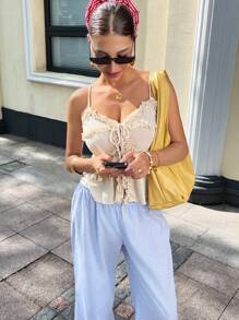 Chiquease Women's Solid Color Front Tie Layered Trim Simple Camisole - Apricot - View 3