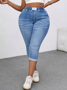 Dripcurv Plus Size Blue Relaxed Fit Stretchy Cropped Jeans - Light Wash - View 3