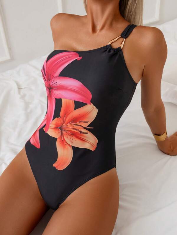 Swim Lushoire 1 Stück Damen sexy, einfacher Blume Muster Monokini mit Cut-out Schulter, geeignet für den Sommer