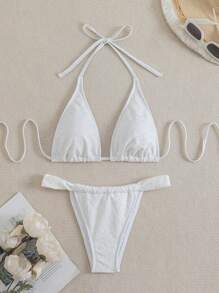SHEIN Swim 女式夏季纹理面料抽绳系带分体泳衣套装 - 白色 - 查看 1