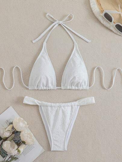 SHEIN Swim مجموعة بكيني سباحة نسائية ذات نسيج منقوش مع رباط سحاب للصيف