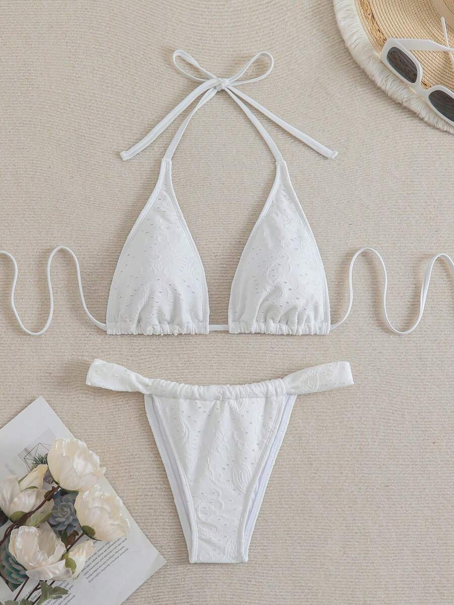 SHEIN Swim 女式夏季纹理面料抽绳系带分体泳衣套装 - 白色 - 查看 1