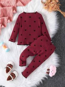 SHEIN Vintaside Kids 嬰兒女孩心形印花對比萵苣邊繫帶t恤和長褲 - 酒紅色 - 查看 3