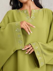 Veilorie 女士优雅水钻镂空领口宽松长袖阿拉伯风格连衣裙 - 綠色 - 查看 7