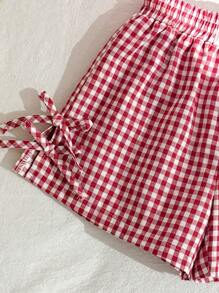 SHEIN 女童休闲腰部蝴蝶结荷叶边衬衫和短裤套装，舒适简约的设计