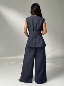 SHEIN PETITE 女款无袖西装外套+西装裤 秋冬黑白条纹西装 - 黑色 - 查看 2