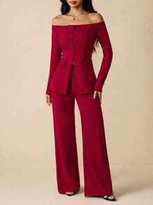 SHEIN PETITE 女款复古单肩西装外套+西装裤两件套西装办公室仙女风秋冬老钱风 - 酒紅色 - 查看 3