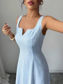 Elenzga 女士条纹方领无袖长裙 - 藍白色 - 查看 8