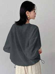 FRIFUL 女士白色宽松夹克，圆领，长袖，薄亚麻面料，春夏季 - 灰色 - 查看 4