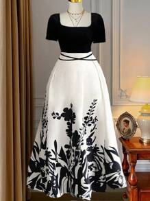 Rometta Plus Size Women's Elegant Floral Print Tie-Strap Maxi Dress, Summer Holiday Style - Black and White - View 1