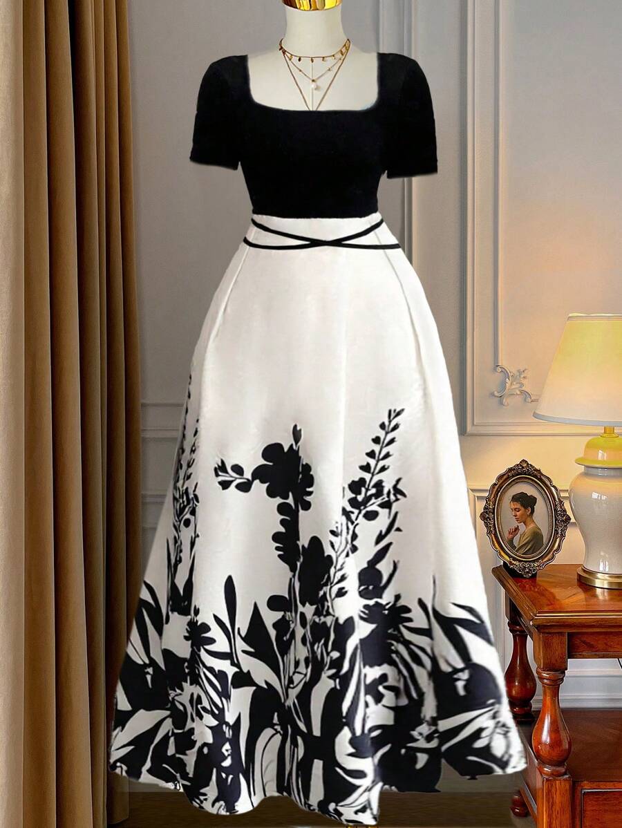 Rometta Plus Size Women's Elegant Floral Print Tie-Strap Maxi Dress, Summer Holiday Style - Black and White - View 1