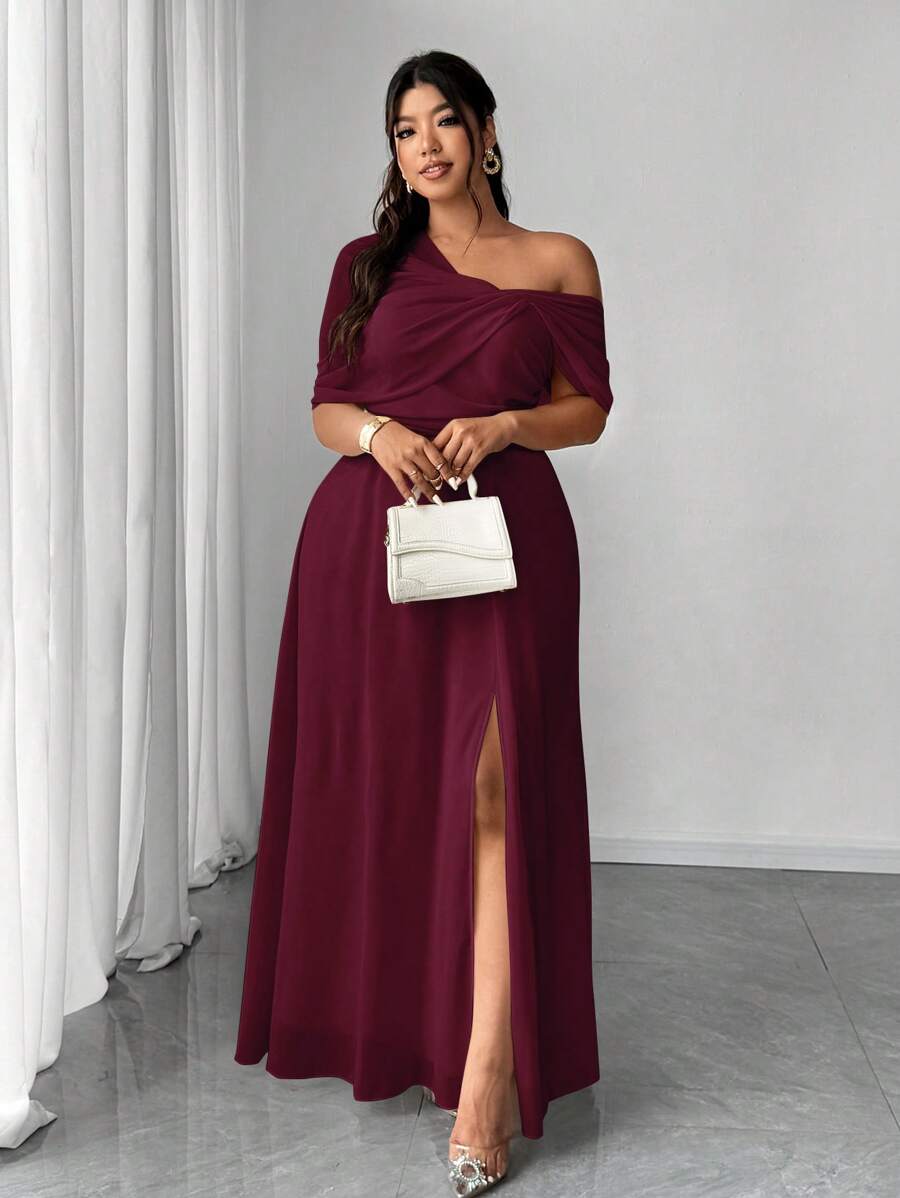 Elenzga Plus Size Women's Elegant & Romantic Chiffon One-Shoulder Split Dress, Suitable For Party, Wedding, Banquet, Autumn/Winter, Wine Red