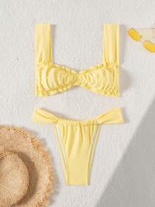 Swim Vcay Costume da bagno a due pezzi estivo da donna, aderente ed elegante, di colore giallo per vacanza