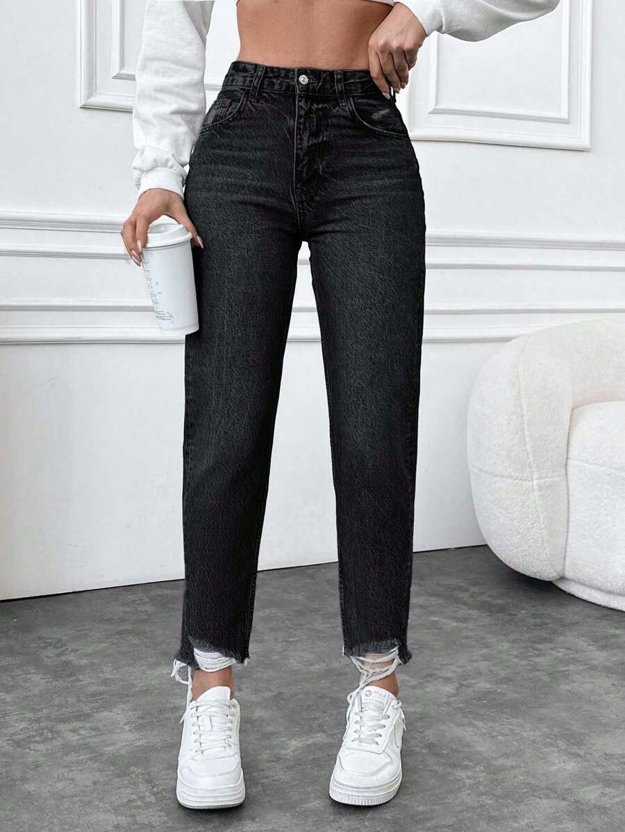 SHEIN Cottnline 100%Cotton Ladies' Distressed Frayed Hem Denim Jeans - Dark Grey - View 1