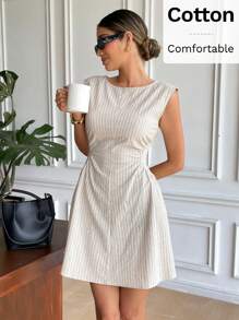 Serisse 女士休闲条纹无袖迷你连衣裙，夏季 - 杏色 - 查看 7