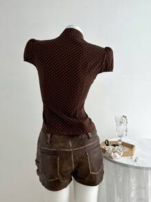 Elamini 女式波尔卡圆点系带蝙蝠袖休闲衬衫 - 咖啡棕 - 查看 2