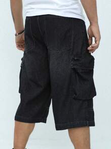 Manfinity Hypemode Quần short denim rộng rãi thường ngày có túi cho nam, mặc hàng ngày - màu đen - Xem 2