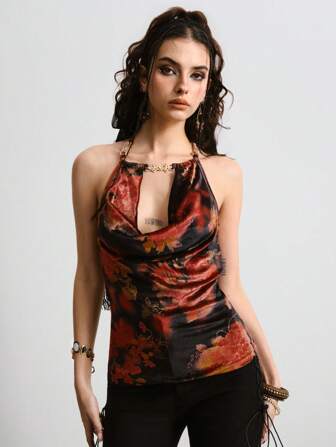 Blusa de terciopelo con cuello drapeado y espalda descubierta, con decoración floral metálica, estilo hippie retro para mujer