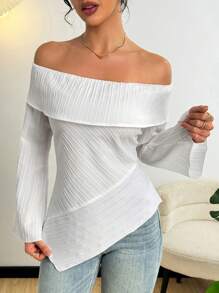 Modelyn Blusa de verano con hombros descubiertos, textura estriada y asimétrica para mujer - Blanco - Ver 7