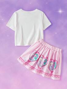 Pop Mart Azura X SHEIN 少女卡通梦幻公主心印花白色甜美休闲领带T恤和粉色可爱短裙套装 - 粉色 - 查看 2