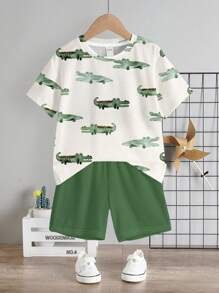 Selección de "Cocodrilo" para niños, colores pastel básicos para uso diario, niños felices, estilo biker, viaje familiar, días felices, "Amo a mamá", "Amo a papá", hogar encantador, niños geniales, conjunto de camiseta de manga corta y shorts minimalista casual para niño pequeño, apropiado para el verano