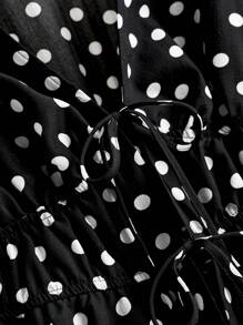 CosyJoli Plus Size Polka Dot Top Print Tie-Front V-Neck Short Sleeve Shirt,Slightly Sheer, Summer Spring - Black - View 3