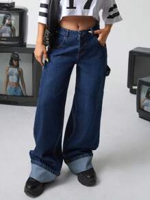 Cuffed Wide Leg Mid Waist Denim Jean Cropped Graphic Tees Women Graphic Tees Women Crop Graphic Crop Tops Women Crop Graphic Tees For Women Jeans Y2k - Dark Wash - View 6