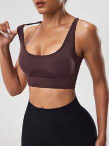 SHEIN Sports Women's Comfortable Brown Cropped Spaghetti Strap Sport Bra Top With Open-Back Lace-Up Detail For Yoga & Gym - Brown - View 3