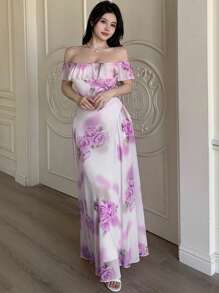 Modelyn Women's Sheer Floral Print One Shoulder Ruffle Hem Flowy Dress For Summer - Purple - View 5