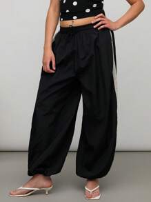 COUREZ Low Rise Baggy Barrel Nylon Joggers With Side Stripe , Summer For Women Summer Bottoms , Street Casual, Y2K Vintage - Black - View 6