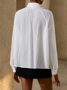 Zanirela Simple Artistic Collared Button Front Mid-Length Long Sleeve Shirt For Women Fall Cloth For Women - White - View 3