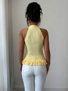 Elenzga Blusa de mujer elegante con cuello en V con volantes y sin mangas, para usar en vacaciones románticas, resorts de playa o fiestas de té por la tarde