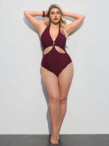 Maija Plus Size Women Solid Color Ruched Waist Halter One-Piece Swimsuit Summer Women Vacation  Vestidos Elegantes De Mujer Beach  Blusas Elegantes Para Mujer Business Casual Woman Going Out Tops Boho Office Outfits Festival Outfits For Rave Hawaii Coachella Festa Junina