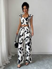 Selianne 2pcs Women Summer Casual Full Print Ruffle Hem Crop Top And Long Pants Set - Apricot - View 6