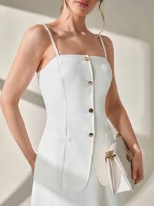 CLARA VERO Conjunto de 2 piezas de mujer de un solo color tejido con top con tirantes y botones por delante y una falda larga de línea A para primavera/verano, elegante para salir, vacaciones y ocasiones especiales