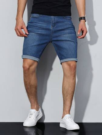 Manfinity Homme Men's Solid Color Basic Denim Shorts Men Casual Shorts