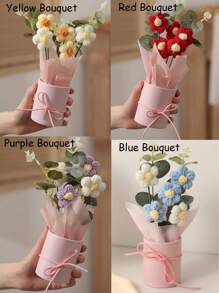1 套手工编织羊毛人造花束，织物编织假花，包括桶和 6 朵钩针花，适合送给妈妈、妻子、闺蜜朋友、女朋友、母亲节情人节礼物、婚礼纪念品和节日派对家居餐桌装饰礼物