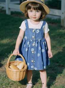 Cozy Pixies 女婴花卉图案无袖高腰牛仔连衣裙 - 藍色 - 查看 3