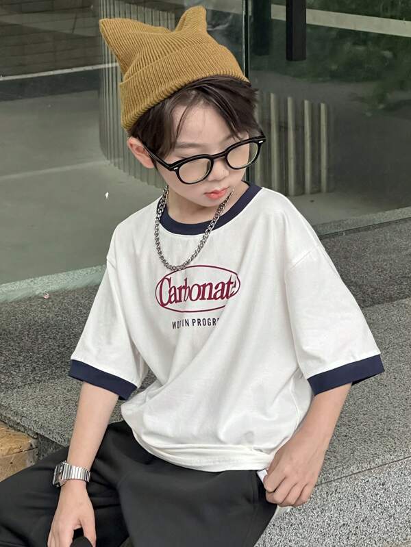 Dazy Kids Tween Boy Crew Neck Contrast Color Knit Print Short Sleeve T-Shirt, Summer,Back To School Clothes