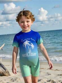 Young Boy渐变色印花连体泳衣，夏季可爱沙滩/游泳装