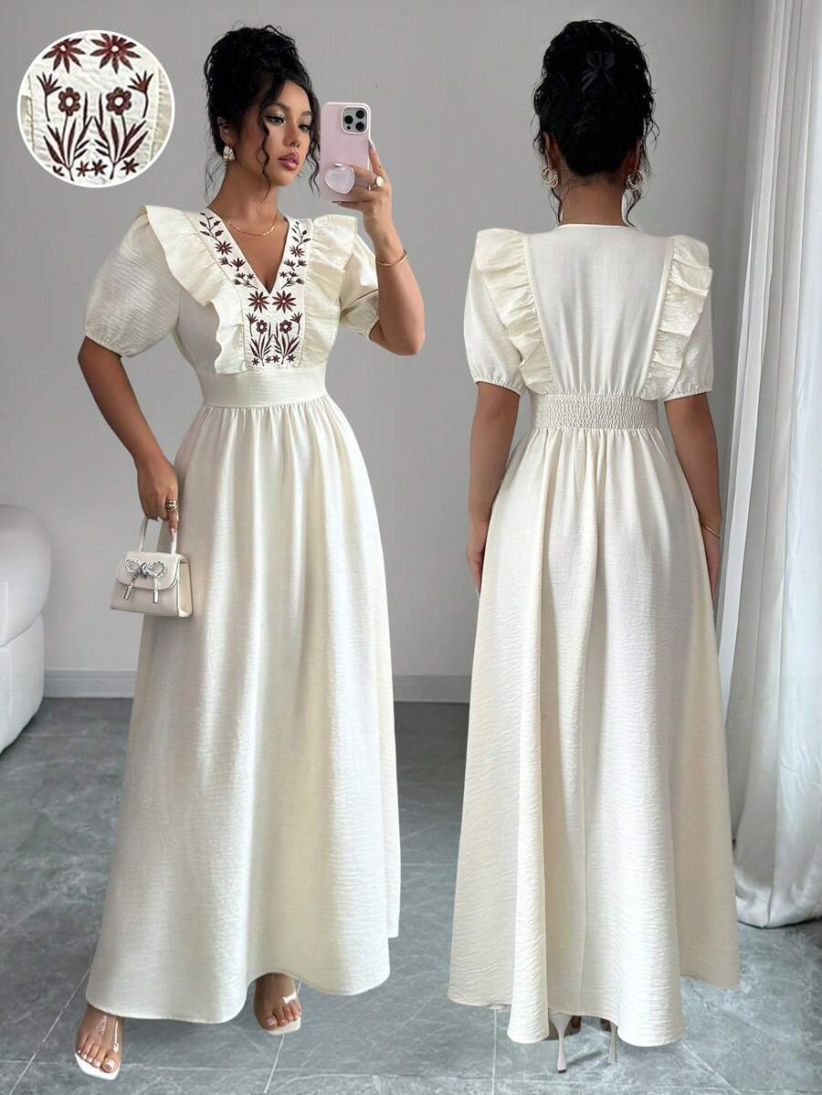 Chiquease Vestido Elegante Bordado com Flores Feminino - Damasco - Visão 1