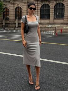 DAZY Vestido de cola de pez de longitud media con cuello cuadrado envuelto de unicolor para mujer - Gris - Ver 2