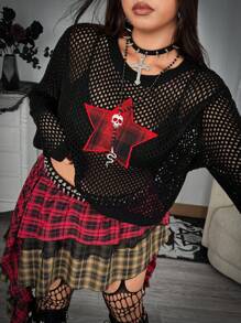 Whyspr Suéter de cuello redondo con estilo punk y calado para tallas grandes, top de punto casual de hombros caídos, suéter de punto para otoño, invierno y Halloween - Negro - Ver 8