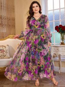 Modelyn Đầm dài tay cổ chữ V thanh lịch sang trọng mới - Màu tím hoa cà - Xem 3