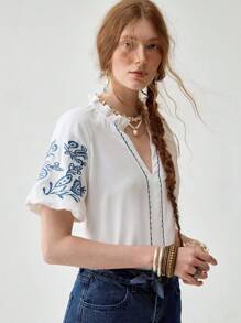 Florisole Casual Elegant Floral Embroidered V-Neck Puff Sleeve Loose White Blouse For Women, Comfortable Breathable Fabric, Suitable For Daily, Holiday And Summer - White - View 4